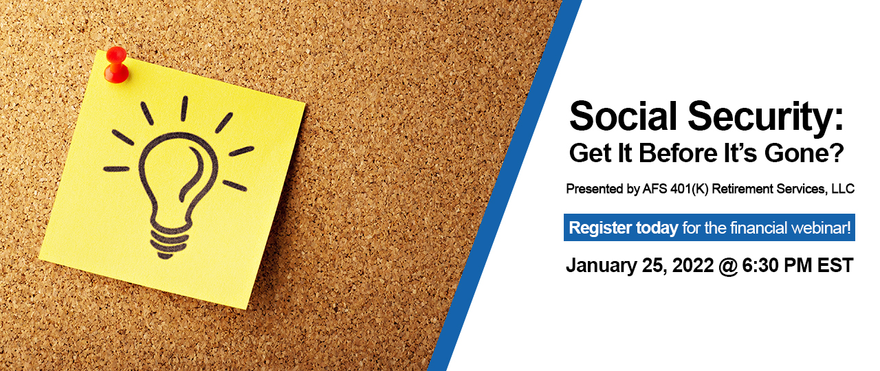 Social Security webinar banner. A yellow note with lightbulb drawn on it, pinned to a corkboard. 
